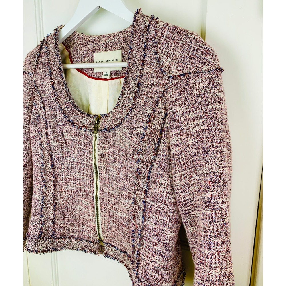 Banana Republic Frayed‎ Boucle Tweed Zip Front Linen Blend Cropped Jacket / 2 - Picture 8 of 16